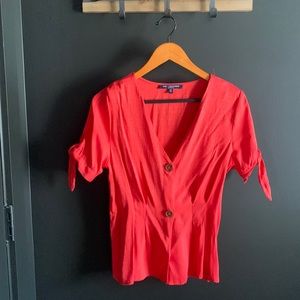 Short Sleeve 2-Button V-Neck Blouse